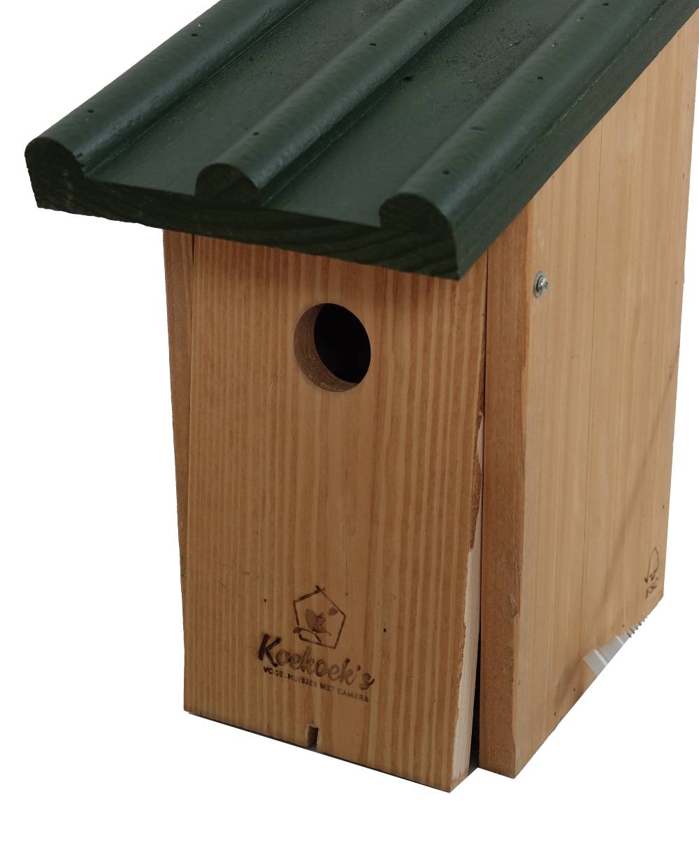 Vogelhuisje met camera – Golfdak groen – klepje open Vogelhuisje met camera – Golfdak groen – klepje open