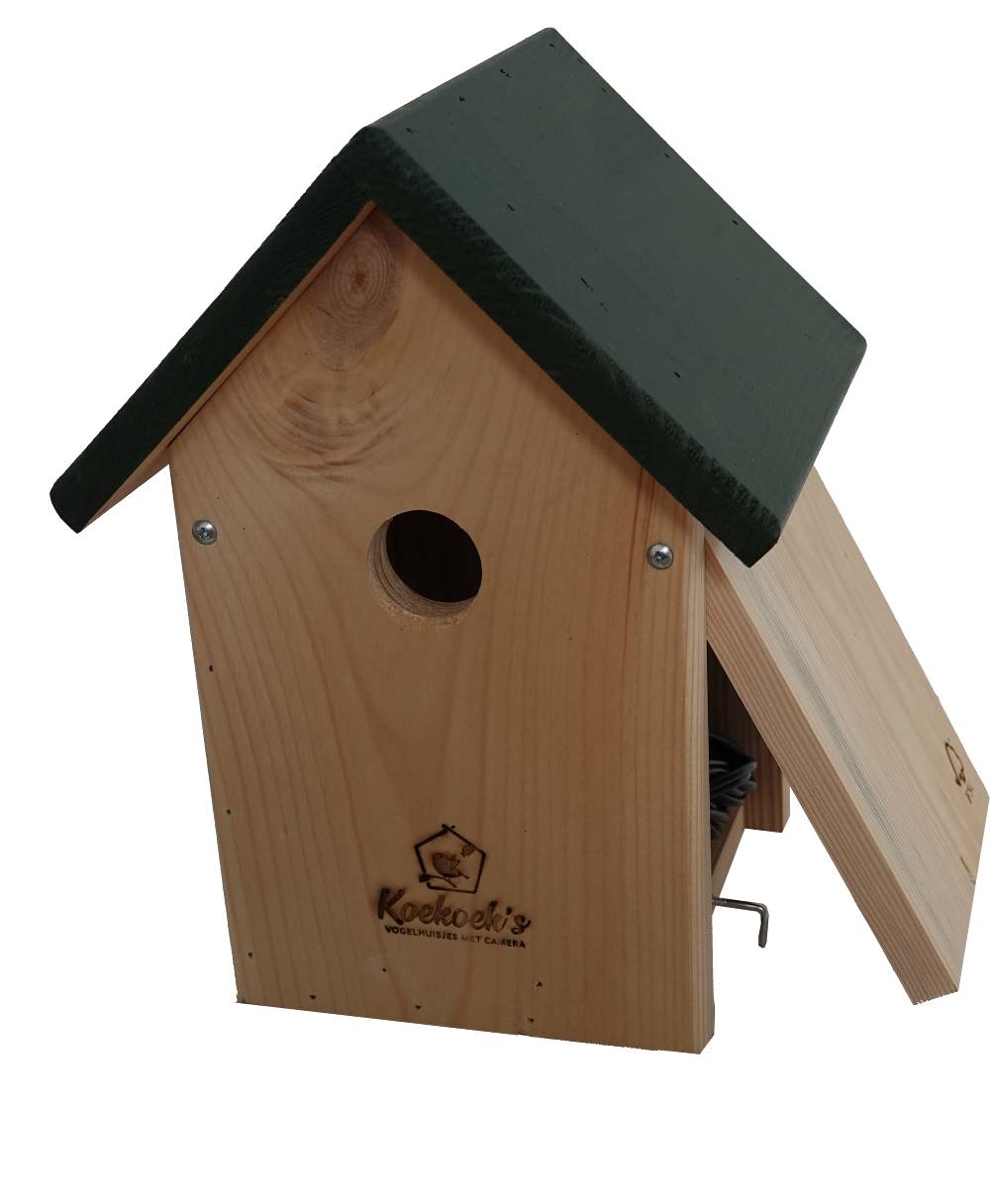 Vogelhuisje met camera – normaal groen dak – klepje open Vogelhuisje met camera – normaal groen dak – klepje open