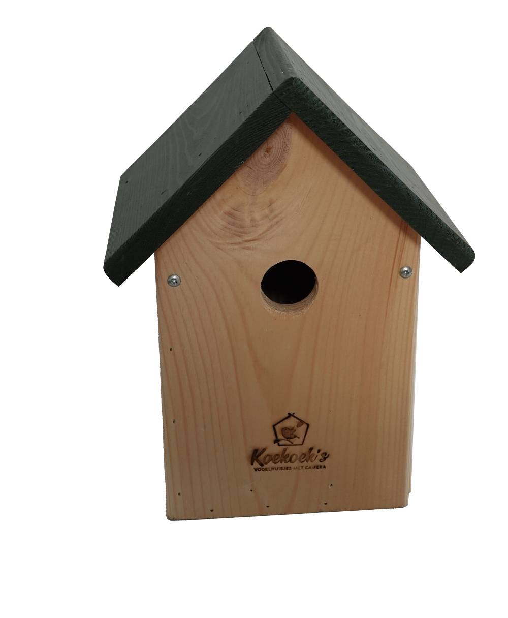Vogelhuisje met camera – normaal groen dak – voorkant Vogelhuisje met camera – normaal groen dak – voorkant