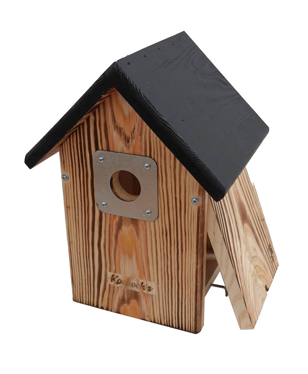 Vogelhuisje met camera – normaal zwart dak – klepje open Vogelhuisje met camera – normaal zwart dak – klepje open