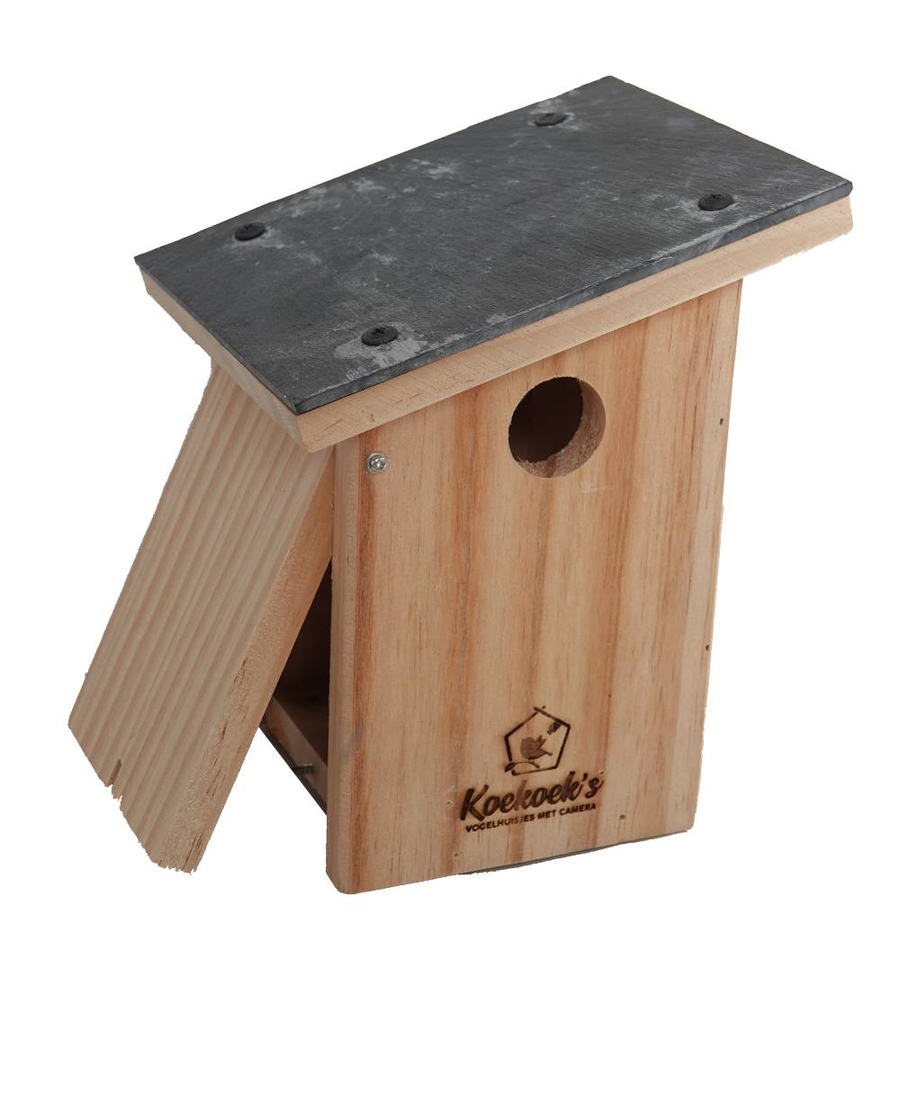 Vogelhuisje met camera – stenen dak – klepje open Vogelhuisje met camera – stenen dak – klepje open