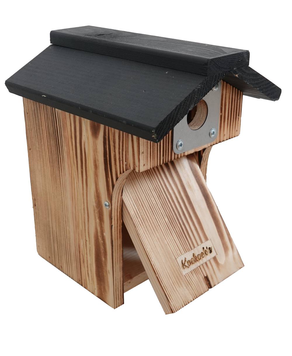 Vogelhuisje met camera – zwart dak diepe ingang – klepje open Vogelhuisje met camera – zwart dak diepe ingang – klepje open