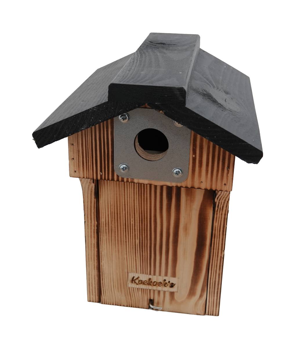 Vogelhuisje met camera – zwart dak diepe ingang – voorkant Vogelhuisje met camera – zwart dak diepe ingang – voorkant